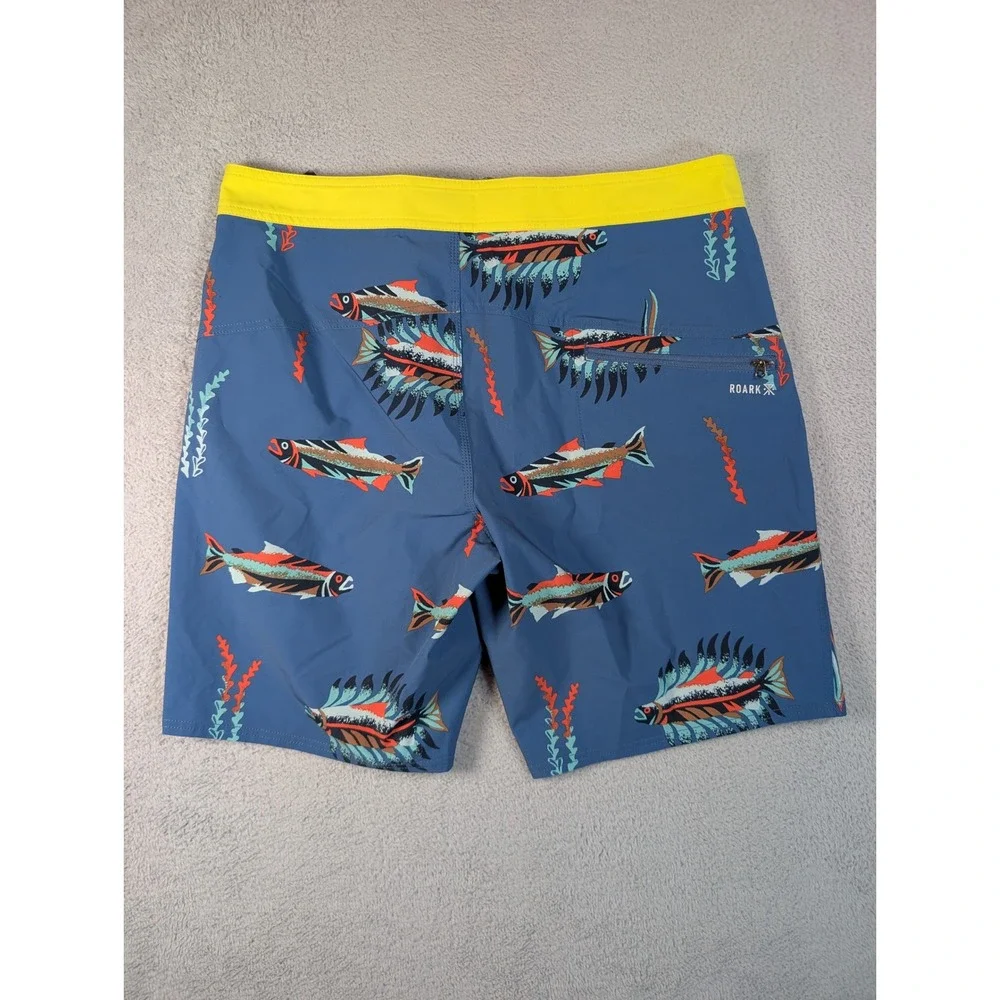 Roark Passage Series Board Shorts Mens 34 Blue Yellow Fish Trout Print